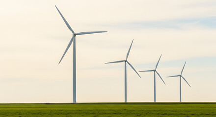 Fototapeta premium Modern Wind Turbines on Green Field at Sunset Sky