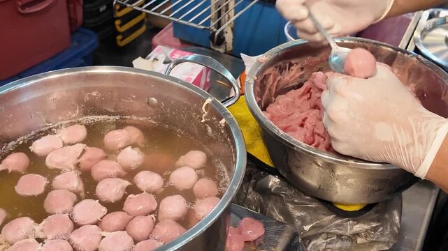 Handmade Fish Balls and Boiling Broth Phuket Thailand 4K