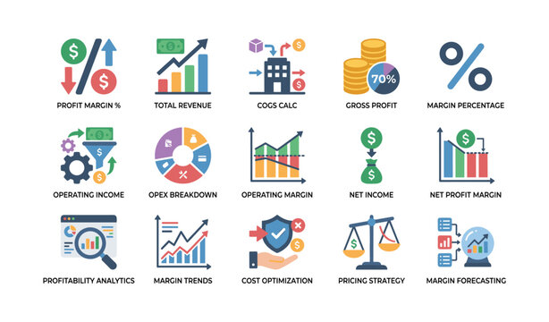 Financial icons showing profit margin and revenue on white background