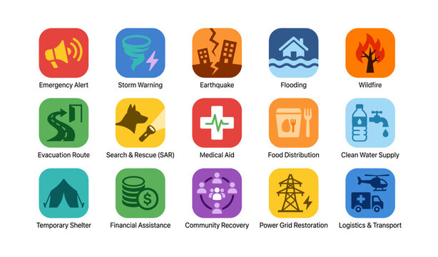 Emergency and relief icons arranged in grid on white background