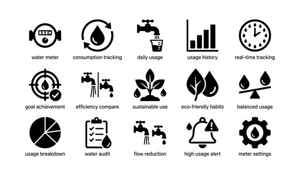 Water usage and conservation icons in black on white background