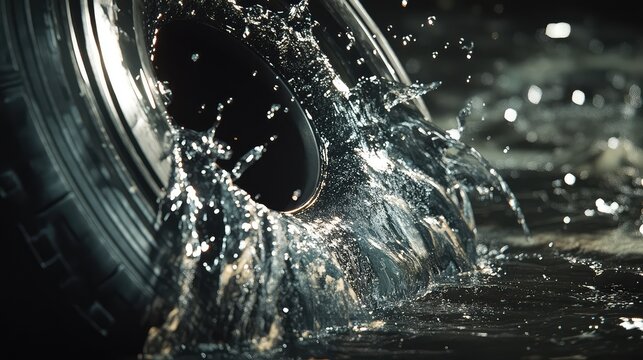 Tire spinning through a puddle, throwing a dramatic spray of water and droplets against a dark road dynamic motion, speed, wet traction and the hazards of rain driving conditions