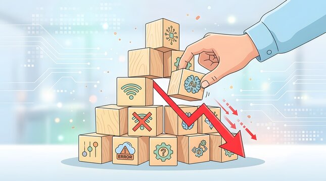 Hand adding a wooden block to a tall pyramid with a declining arrow