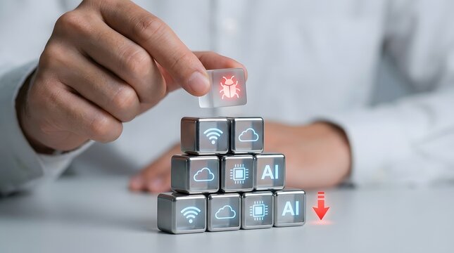 Hand building a pyramid with dark metallic blocks and a red falling arrow