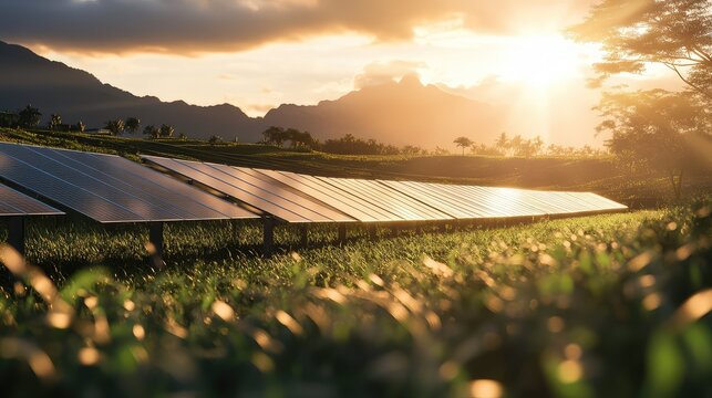 Solar panels absorb sunlight, converting it into renewable energy on a lush green field, illustrating sustainable power generation and environmental responsibility during golden hour