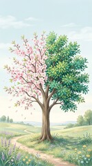 Fototapeta premium Spring to summer transition in nature pastel illustration of blooming flowers soft gradient colors scenic landscape