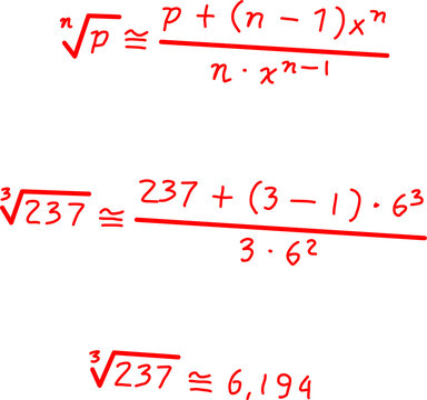 Mathematical approximation formula for n-th root shown in red on white background, with example of cube root of 237 calculation and numerical result.