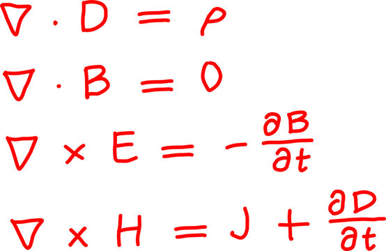 Close-up of Maxwell&rsquo;s equations in red text on white background, illustrating electromagnetic field relationships using divergence and curl notation.