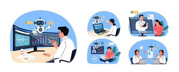 Fototapeta na wymiar Artificial intelligence in healthcare set, doctors and patients using AI technology for medical diagnosis, data analysis and telemedicine . Flat style cartoon vector illustration.