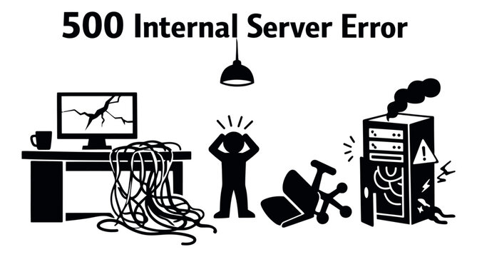 Conceptual line art illustration of a 500 internal server error depicting system breakdown and IT frustration for technology issues