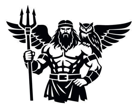 Stylized illustration of a winged god with a trident and an owl depicting a stern and powerful figure for mythological themes and team mascots