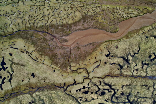 Aerial view of intricate dark water channels weaving through green and brown marshland, beside a wide sandy river, Lochgilphead, Scotland, United Kingdom.