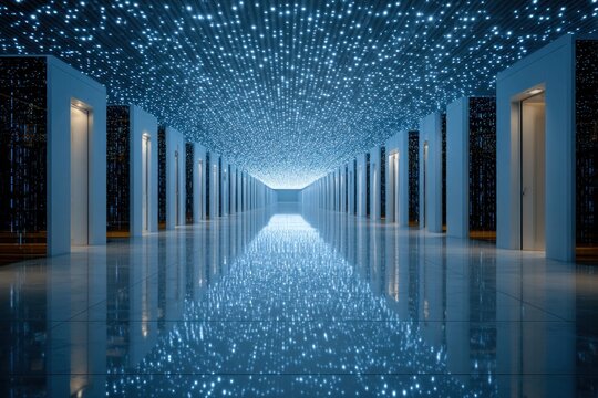 Futuristic corridor with starry ceiling and reflective floor