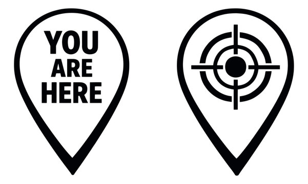Simple line art map pin icons set featuring 'you are here' text and a target symbol for navigation applications