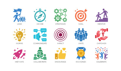 Fototapeta premium Leadership and teamwork icons showing actions on white background