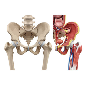 Comprehensive medical illustration of the human pelvis, showcasing anterior skeletal anatomy alongside a detailed sagittal view of female reproductive and urinary organs
