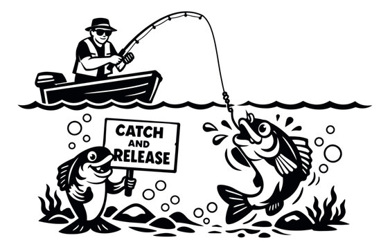 Graphic illustration of a fisherman and fish depicting a catch and release fishing scenario for outdoor recreation