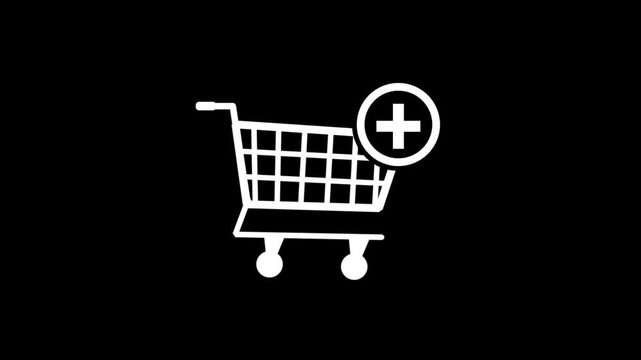 A minimalist white shopping cart icon with a plus sign adds an item on a black background.
