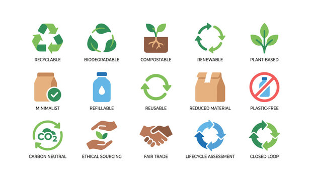 Environmental labels and icons arranged in grid on white background