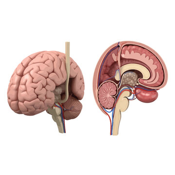 Detailed anatomical illustration of the human brain showcasing its internal structures in sagittal and lateral views, medical science and biology