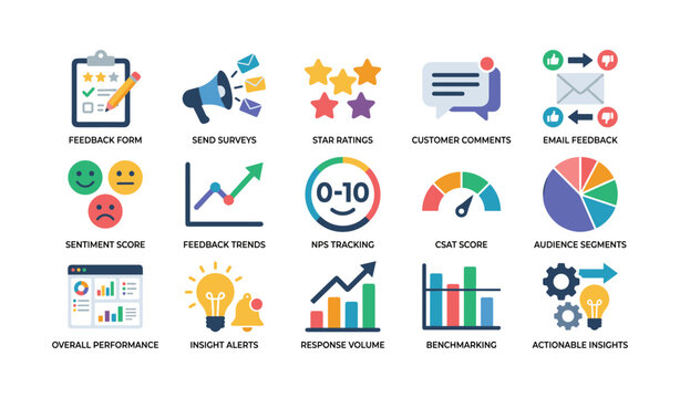 Feedback analytics and reporting icons for performance metrics