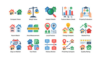Fototapeta premium Property analysis icons showing comparison and metrics on white