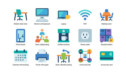 Fototapeta premium Office amenities icons showing workspace facilities and communal areas