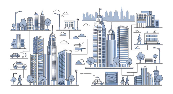 AutoCAD Urban Office Buildings Teamwork Vector Set &ndash; City Lifestyle Multiview Corporate Architecture Blueprint