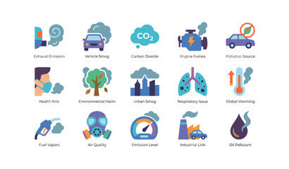 Fototapeta premium Air pollution icons illustrating emissions and health impacts
