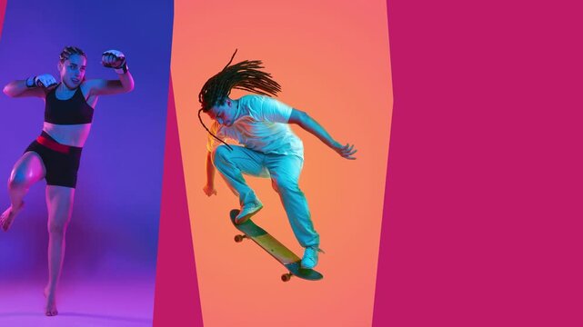 Diverse athletes performing jumps, kicks and dance moves on vibrant gradient backgrounds. Concept of active lifestyle, fitness diversity, modern sport culture and dynamic movement energy.