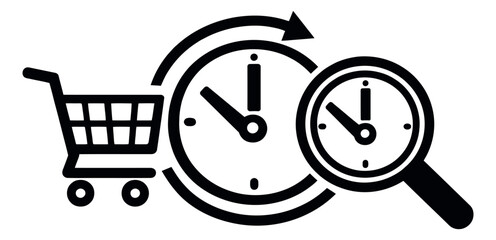 Obraz premium Modern line art illustration of a shopping cart, clock, and magnifying glass depicting shopping time and search for deals for e-commerce