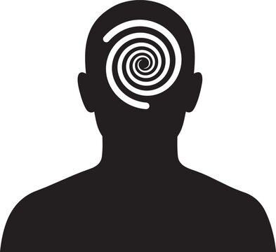 Silhouette of a human head with a spiral symbol inside, representing mental health, confusion, hypnosis, or psychology