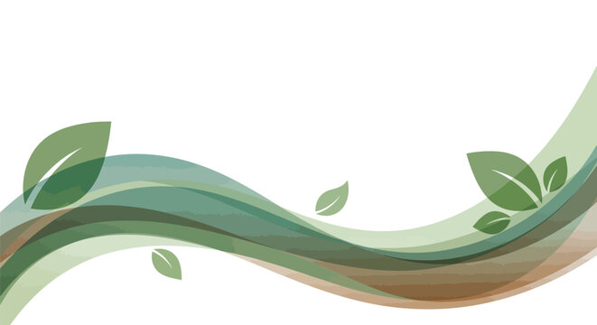 Green leaves and wavy lines in shades of green and brown on a white background design