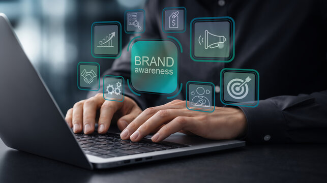 Brand awareness and digital marketing strategy. Analysis of customer engagement, brand growth, target audience and marketing performance. Businessman using laptop for brand awareness.
