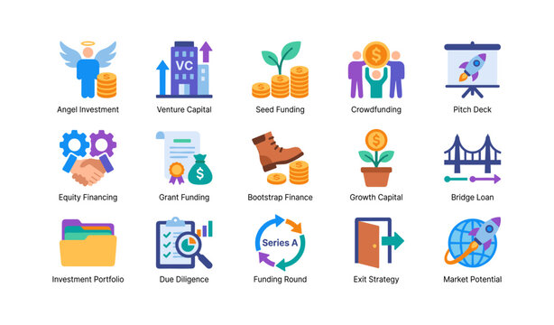 Finance and funding icons showing investment concepts in grid layout