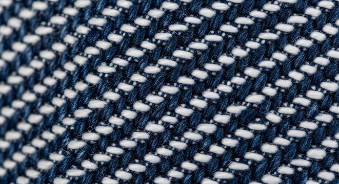 Denim texture reveals the intricate interlacing of navy blue and white threads that form the classic durable textile pattern.