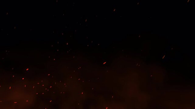 Orange cloud smoke fire sparks rising up alpha channel overlay loop isolated background for cinematic visual effects and video editing.