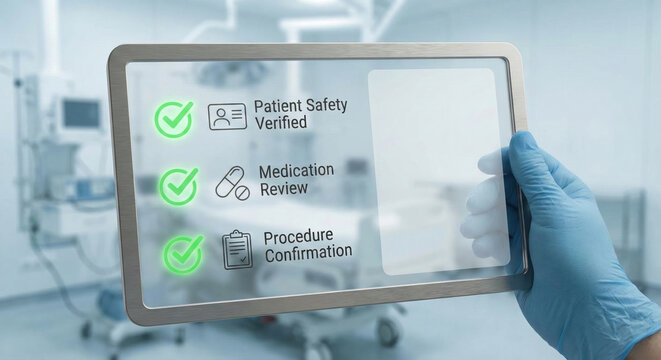 Medical checklist hospital tablet patient safety nurse gloved hand medical checklist tablet for patient safety and procedure