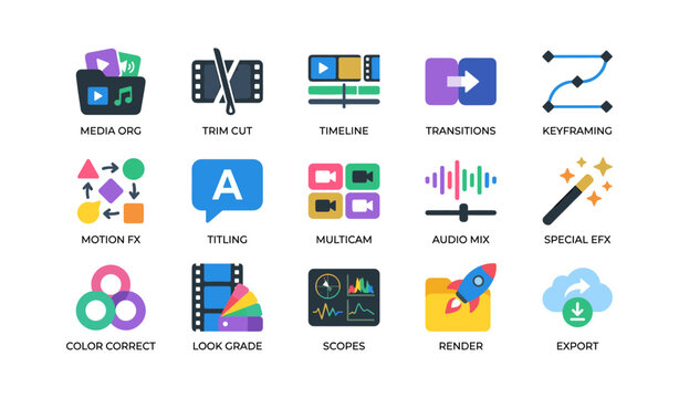 Video editing icons illustrating timeline tools and export functions