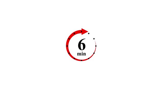 Minute countdown timer icon time progress. Animated minute timer indicator for duration tracking and time control. Minimalist red circular arrow with '6 min' text in the center.