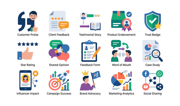 Set of customer feedback and marketing icons on white background
