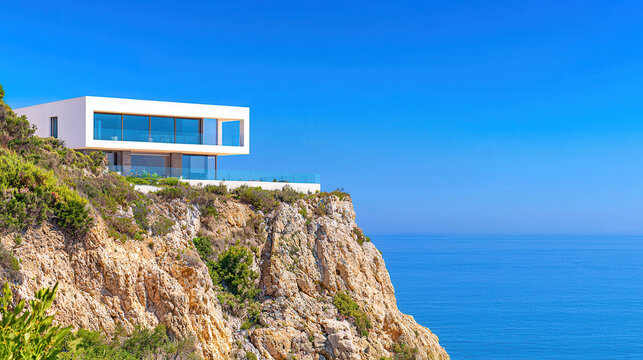 Modern villa overlooking ocean, situated on cliff with clear blue skies and vibrant greenery, exuding tranquility and luxury