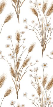 Seamless wheat and white flower botanical pattern in soft neutral tones for textile and natural inspired design