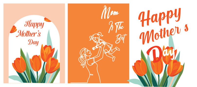Set of mothers day greeting cards with tulips and mother and child