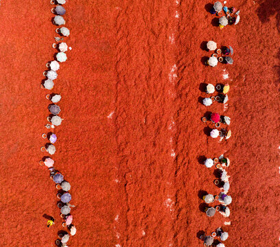 Aerial view of vibrant clusters of people forming two distinct lines against the vast, earthy red terrain, Sariakandi, Rajshahi Division, Bangladesh.