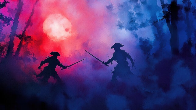 Ghostly pirate duel unfolds under vibrant moon, with swords clashing amidst mystical forest. scene evokes tension and adventure