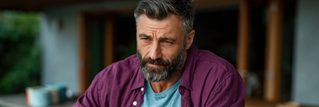 Mature bearded man concentrating while working on home patio