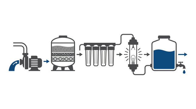 Comprehensive Water Treatment System Diagram, Pump Filtration and UV Sterilization Process, Clean Water Technology Isolated White Background.