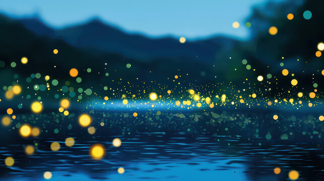 Line art of Japanese firefly illuminating serene water surface at dusk, creating magical atmosphere with glowing lights