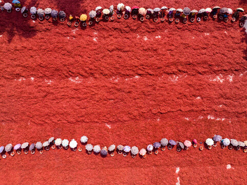 Aerial view of numerous worshippers forming neat, colorful lines on a vast, textured red ground, Sariakandi, Rajshahi Division, Bangladesh.